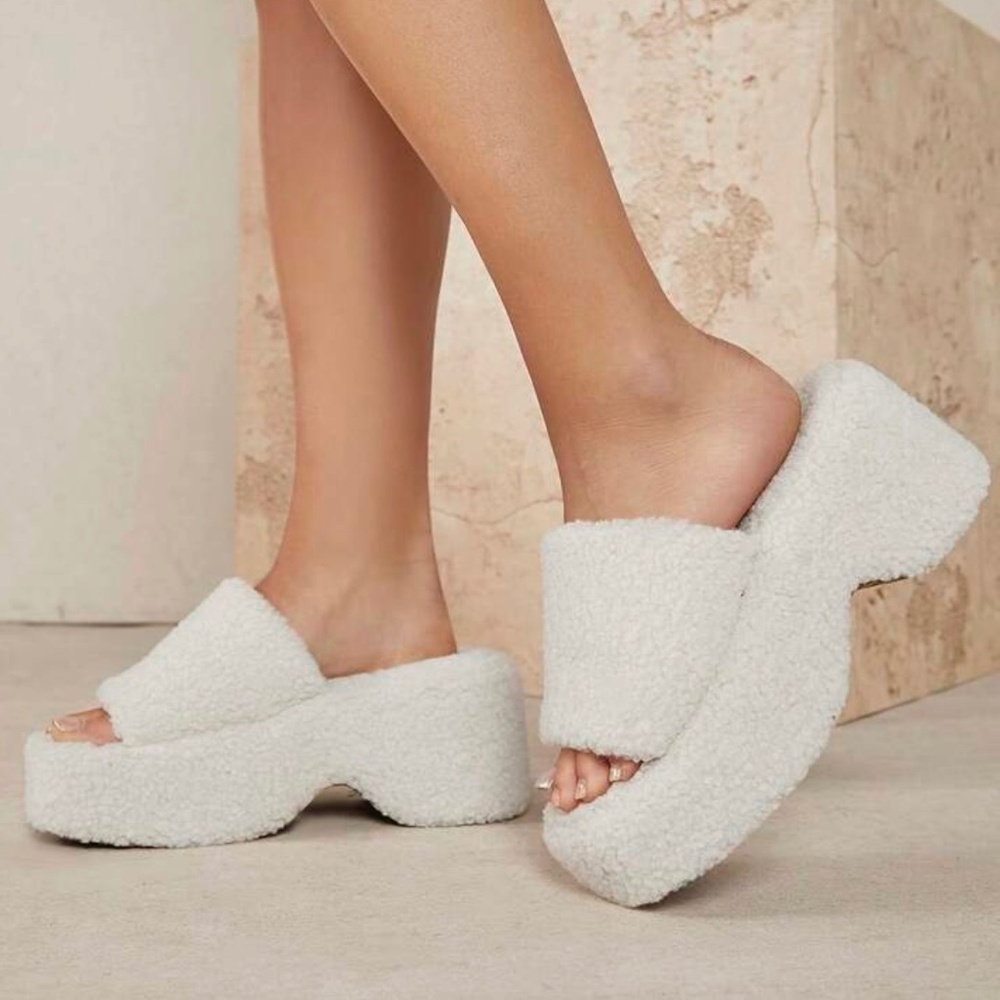 White Fuzzy Platform Slippers